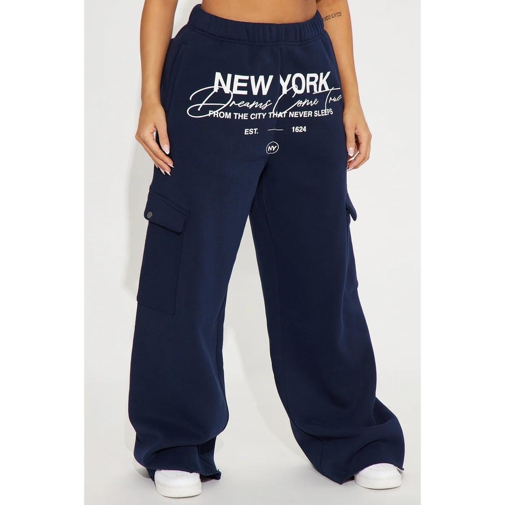 Fashion Nova New York Cargo Sweatpants Joggers Navy Blue Size MED Streetwear NEW